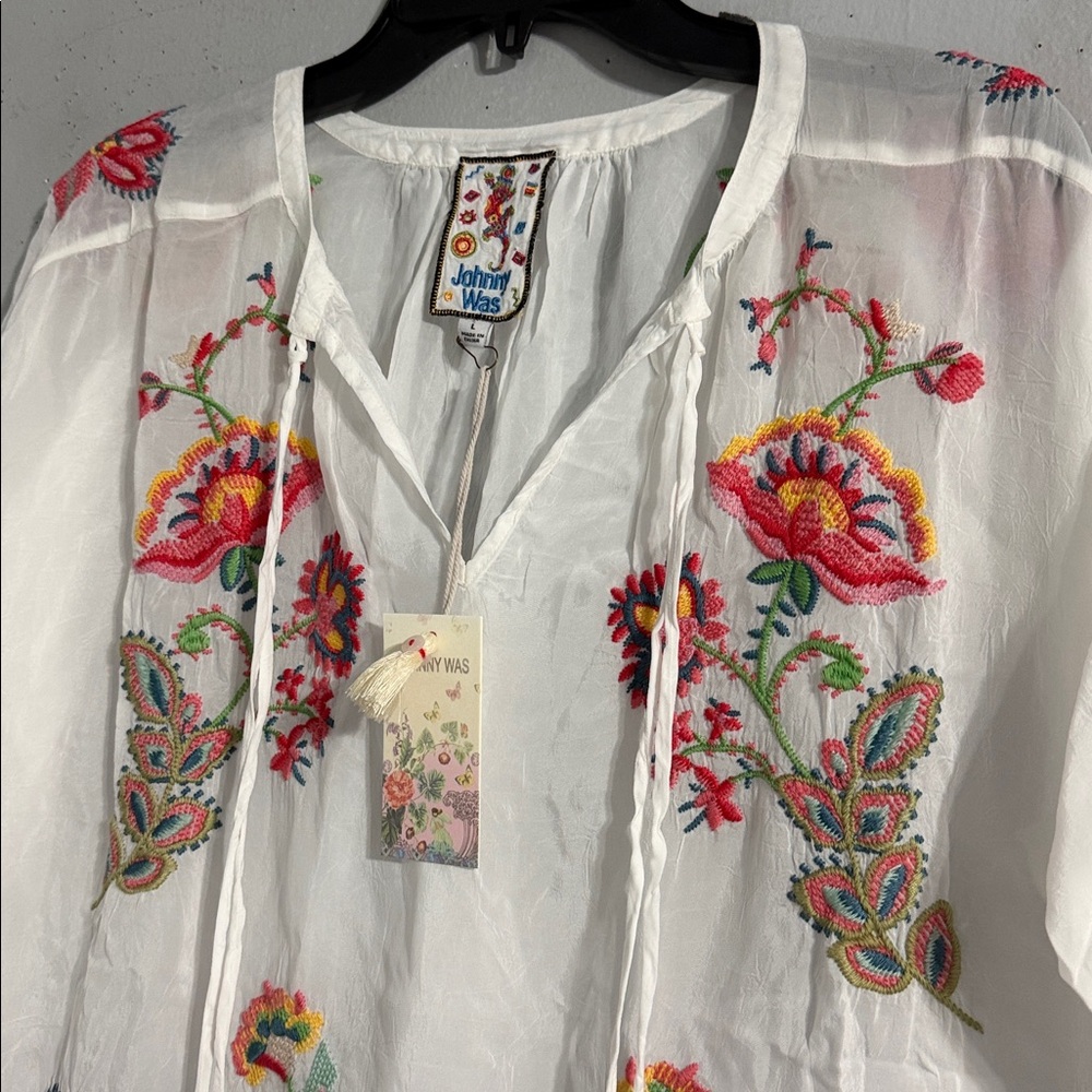 Johnny Was White Embroidered Floral Tunic with Pink and Green Accents - Picture 3 of 13